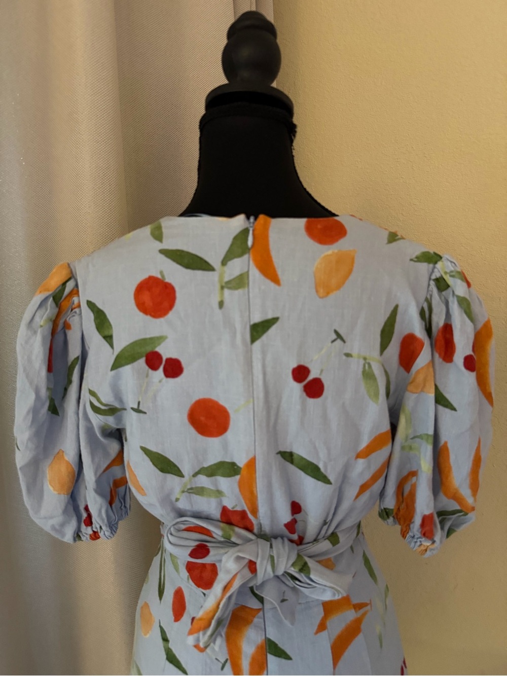 Finders Keepers Calypso Fruit Print Puff Sleeve Mini Dress Blue XS - Picture 7 of 10